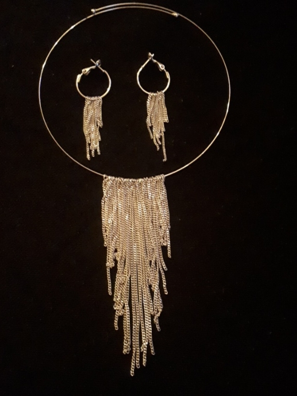 Vintage Silver Fringe Hoop Necklace and Earring Set - Women Jewelry